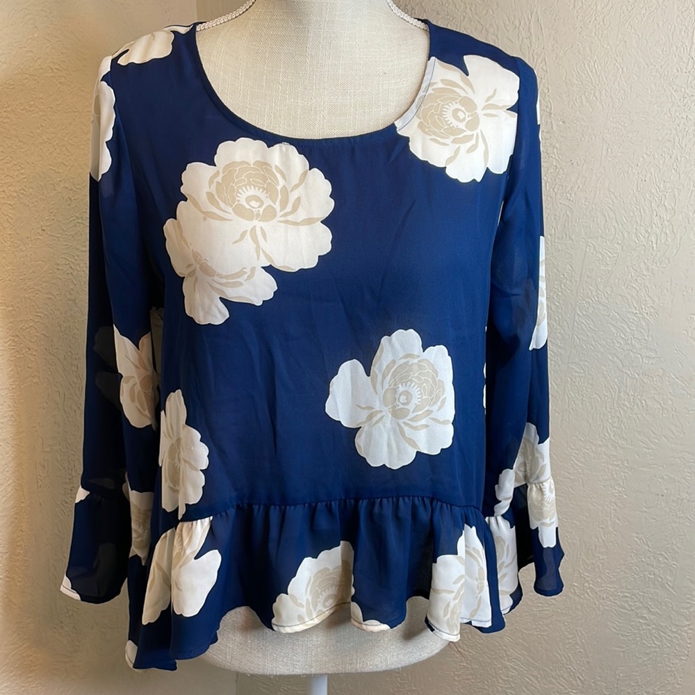 ANA Navy, Cream Floral Blouse/Shirt With Ruffled Edges & Ruffled Bell Cuffs